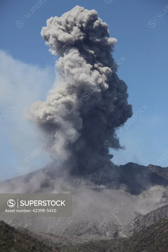 April 6, 2012 - Sakurajima volcano erupting. Ash cloud rising from Showa crater following explosive eruption at Japans most active volcano.