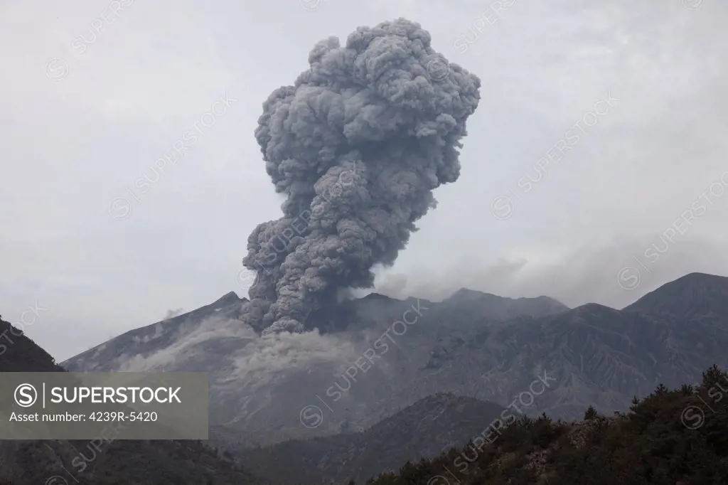 April 10, 2012 - Sakurajima volcano erupting. Ash cloud rising after vulcanian eruption of Japans most active volcano.