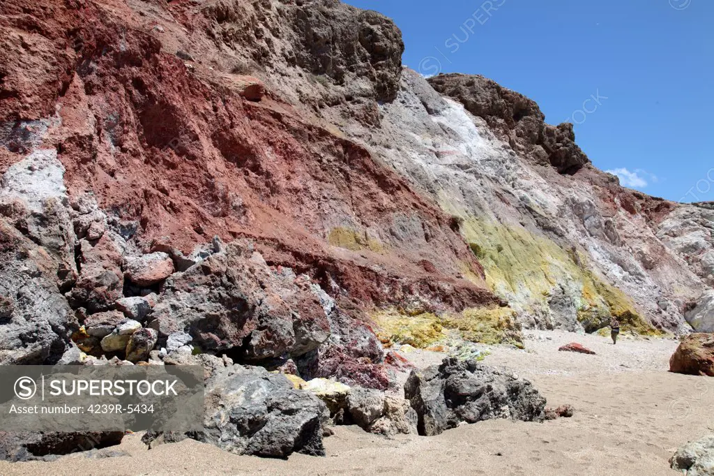 Geothermally active area around Paliochori Bay (alt. spellings: Paleochori / Paleohori / Paliohori), Milos Island, Greece. Image shows hydrothermally altered red, yellow and white cliffs with fresh fumarolic deposits at their base.