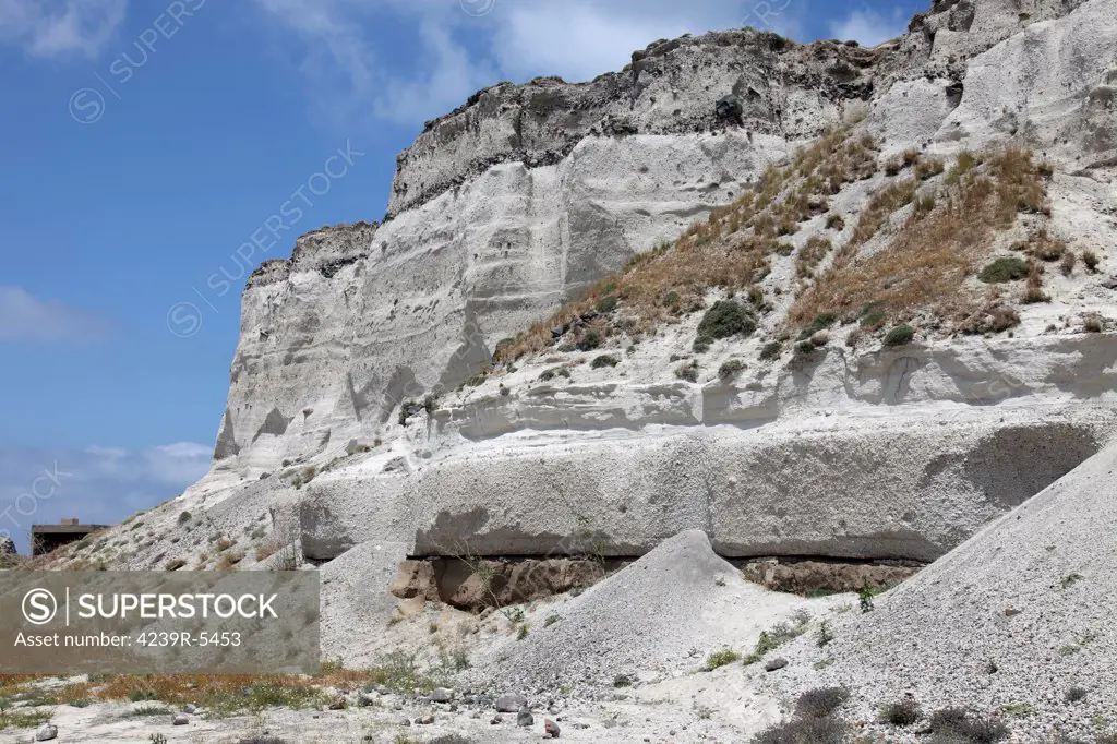Minoan Eruption Deposits, Mavromatis Pumice quarry. Mining of many meter thick Minoan tuff deposit occurred at many sites on Santorini (Thera), Greece.