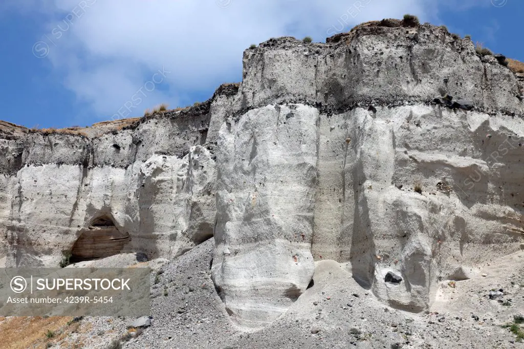 Minoan Eruption Deposits, Mavromatis Pumice quarry. Mining of many meter thick tuff deposit occurred at many sites on Santorini (Thera), Greece.