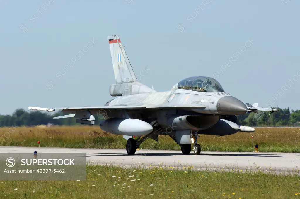 July 9, 2007 - An F-16C Block 50 aircraft of the Hellenic Air Force taxis on the runway in Lechfeld, Germany, during an Electronic Warfare Live Training Exercise.