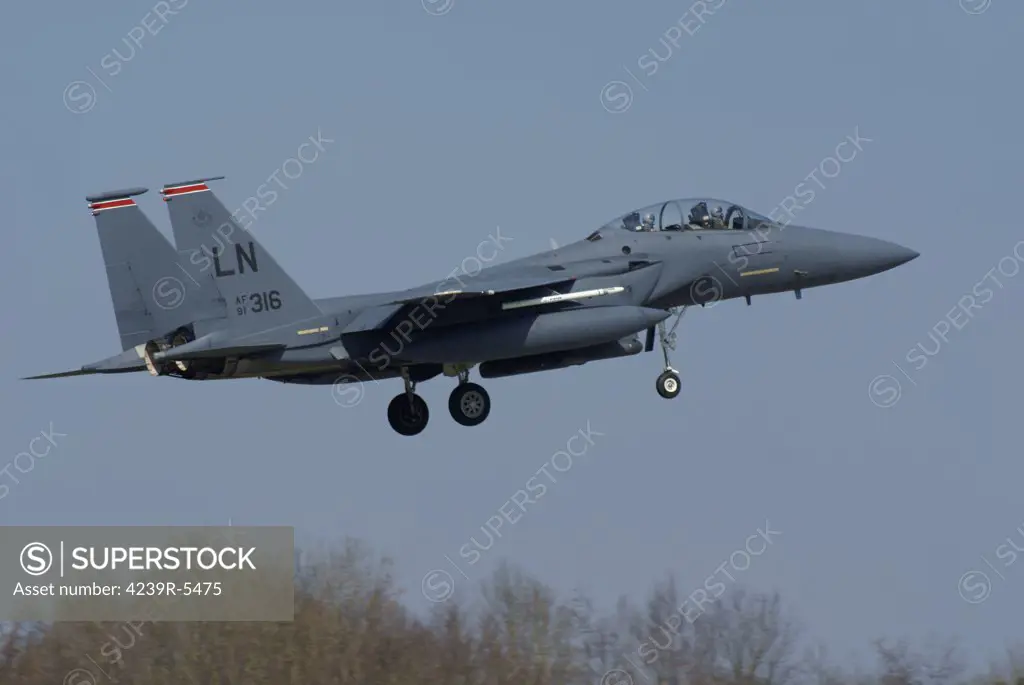 A U.S. Air Force F-15E Strike Eagle in flight over Zoersel, Belgium.