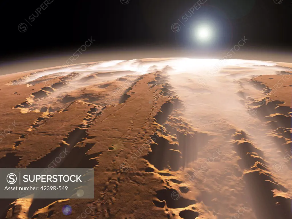Artist's concept showing how the Valles Marineris canyons may appear shortly after sunrise from an altitude of 35 miles
