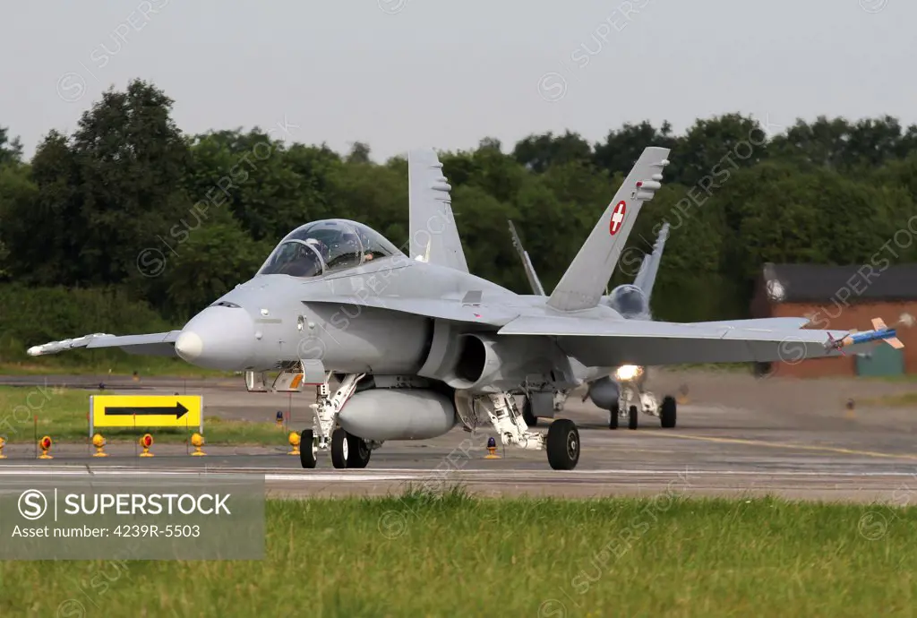 An F-18C Hornet of the Swiss Air Force taxiing for departure, Wittmund, Germany.