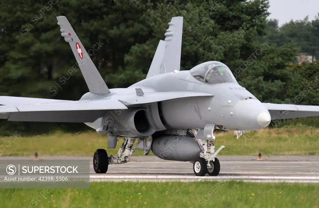 An F-18C Hornet of the Swiss Air Force taxiing for departure, Wittmund, Germany.