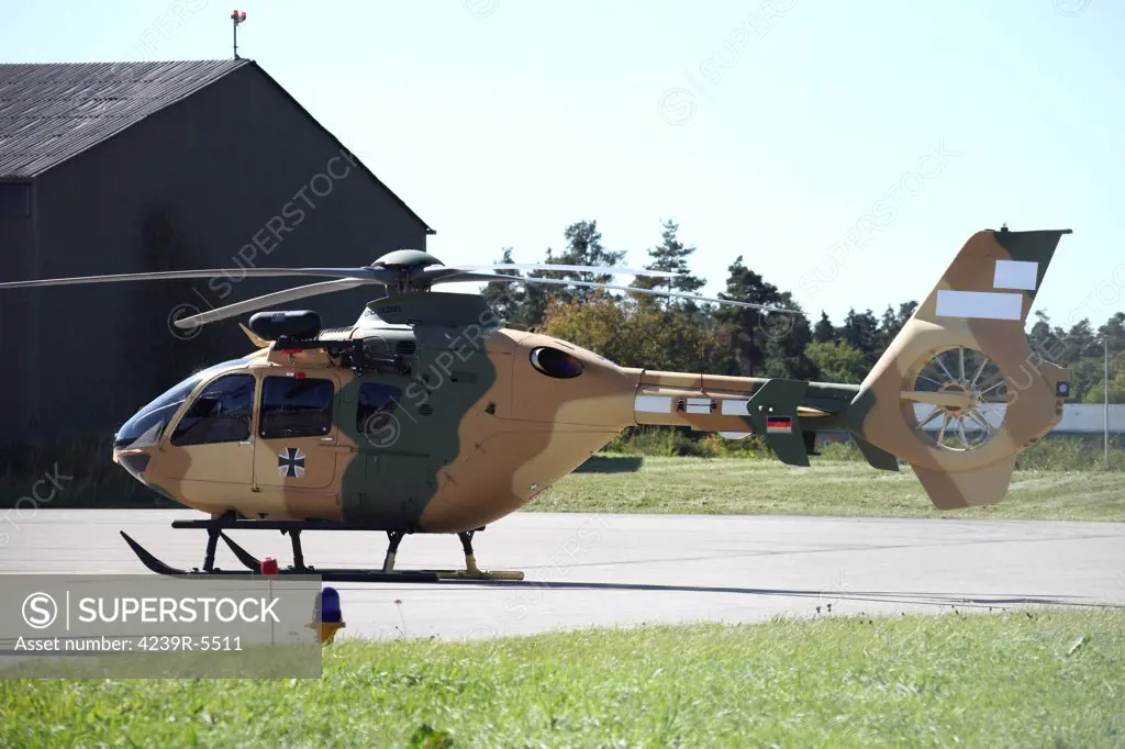 A Eurocopter EC-635 for the Iraqi Air Force with temporary German military serial, Manching, Germany.