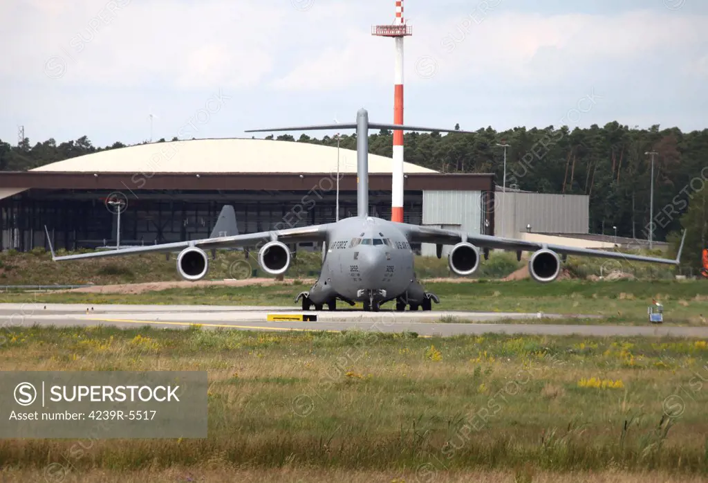 A C-17 Globemaster taxiing at Ramstein Air Base, Germany