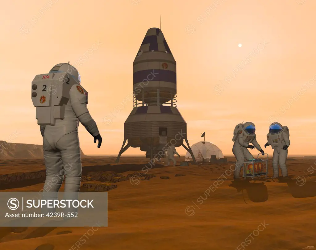 Illustration of astronauts setting up a base on the Martian surface around their lander vehicle