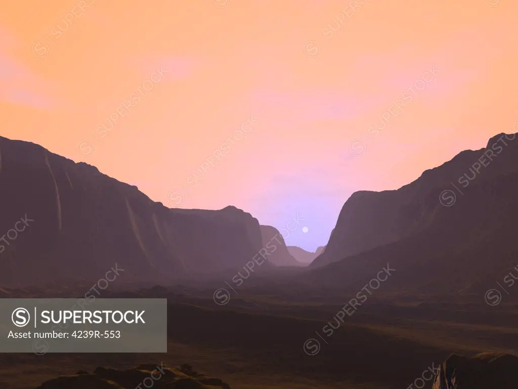 Artist's concept of how a martian sunrise might look from the bottom of a deep canyon