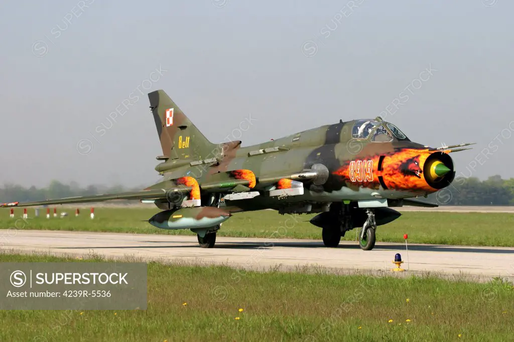Polish Air Force Su-22 Fitter aircraft with flamboyant nose-art taxies during the bi-annual ELITE exercise at Lechfeld Airbase, Germany.