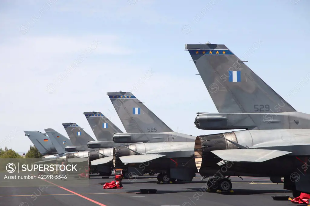 Greek and German fighter planes side by side at Albacete Airfield, Spain, during the Tactical Leadership Program exercise.