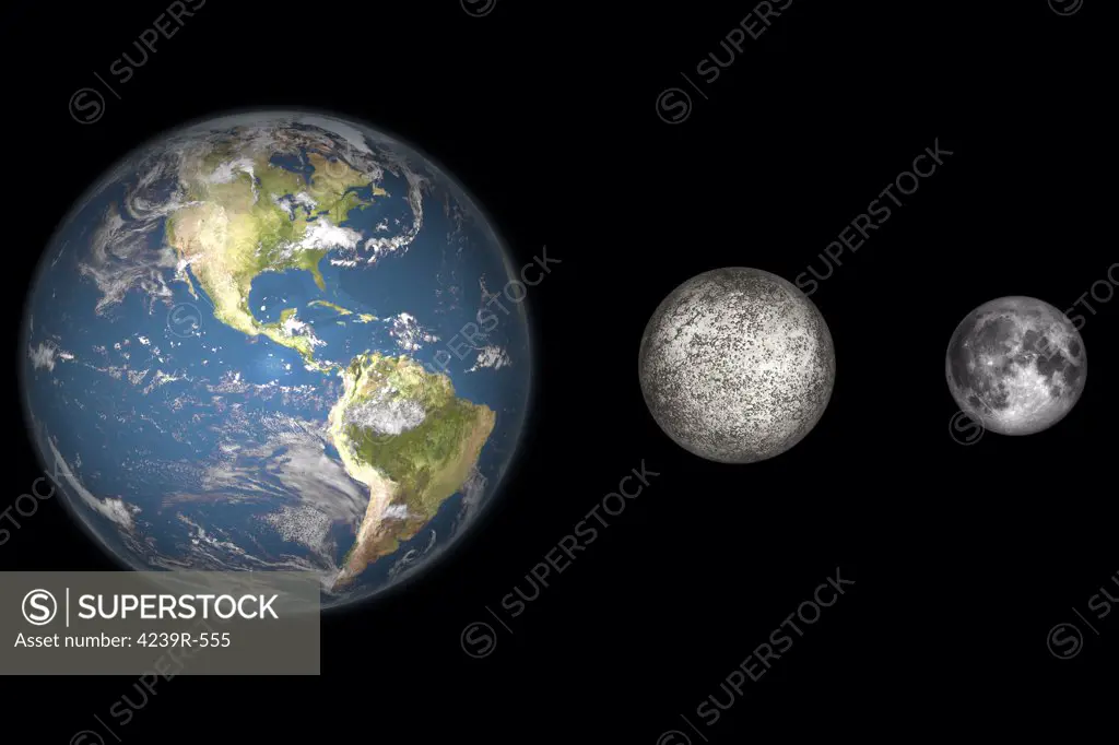 Artist's cocnept showing the Earth, Mercury and Earth's moon to scale (from left to right)