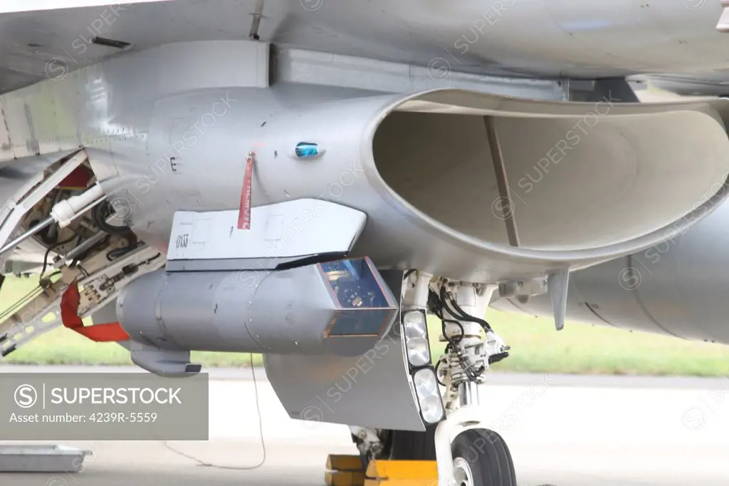 Close-up of a Sniper Advanced Targeting Pod on a F-16C Fighting Falcon aircraft, Lechfeld Airfield, Germany.
