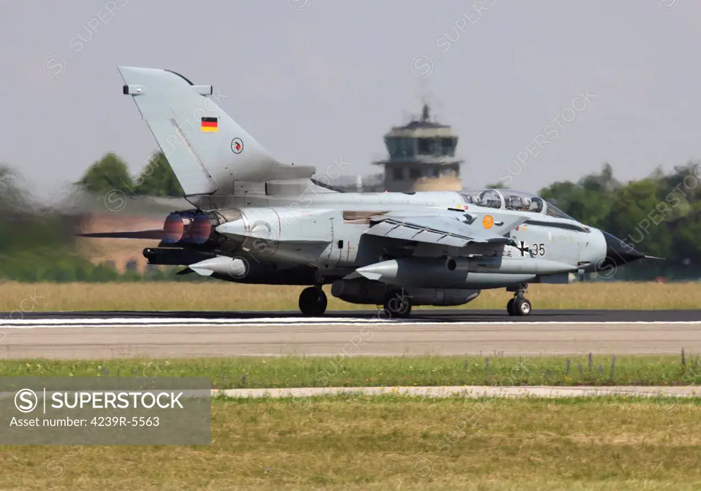 German Tornado aircraft with locally developed reconnaissance pod and Afghanistan task force badge, Lechfeld Airbase, Germany.