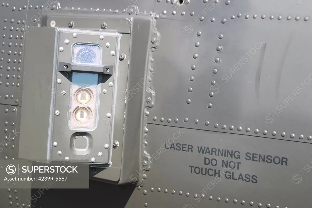 Close-up of the laser warning sensor on a U.S. Army AH-64D Apache helicopter.