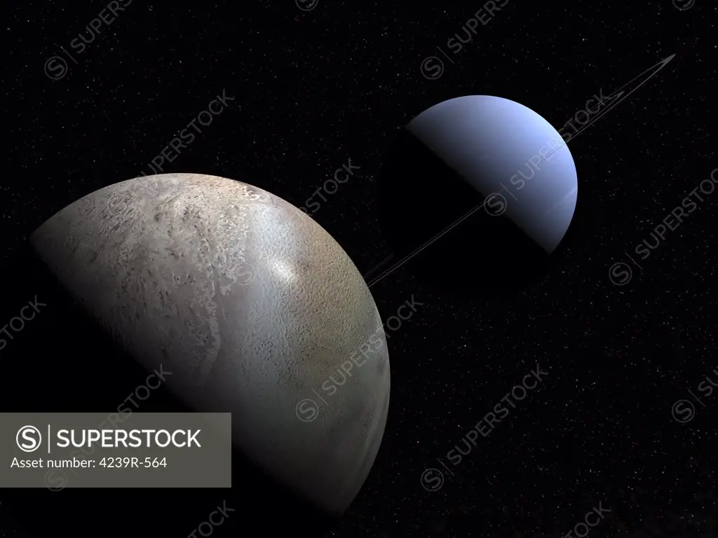 Neptune's satellite Triton is in the foreground while Neptune itself looms on the upper right