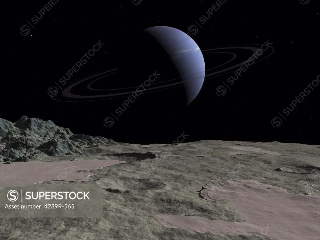 Illustration of the gas giant Neptune as seen from the surface of its moon Triton