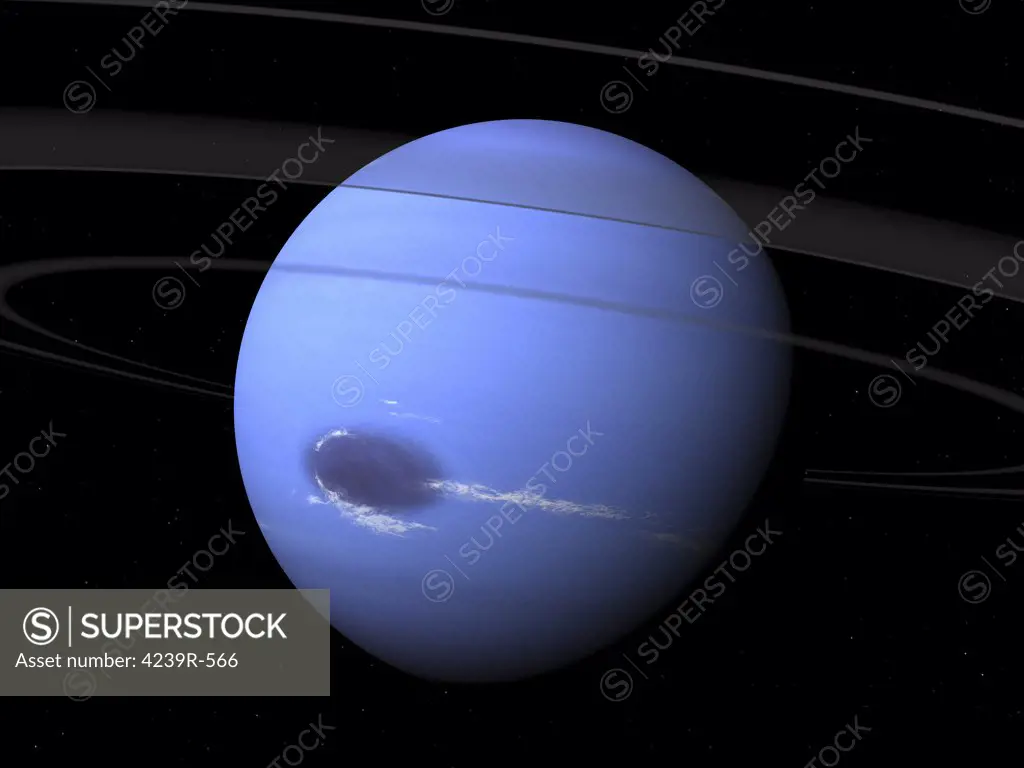 Artist's concept showing how Neptune's Great Dark Spot and rings may have looked in 1989 from a position just beneath Neptune's ring plane