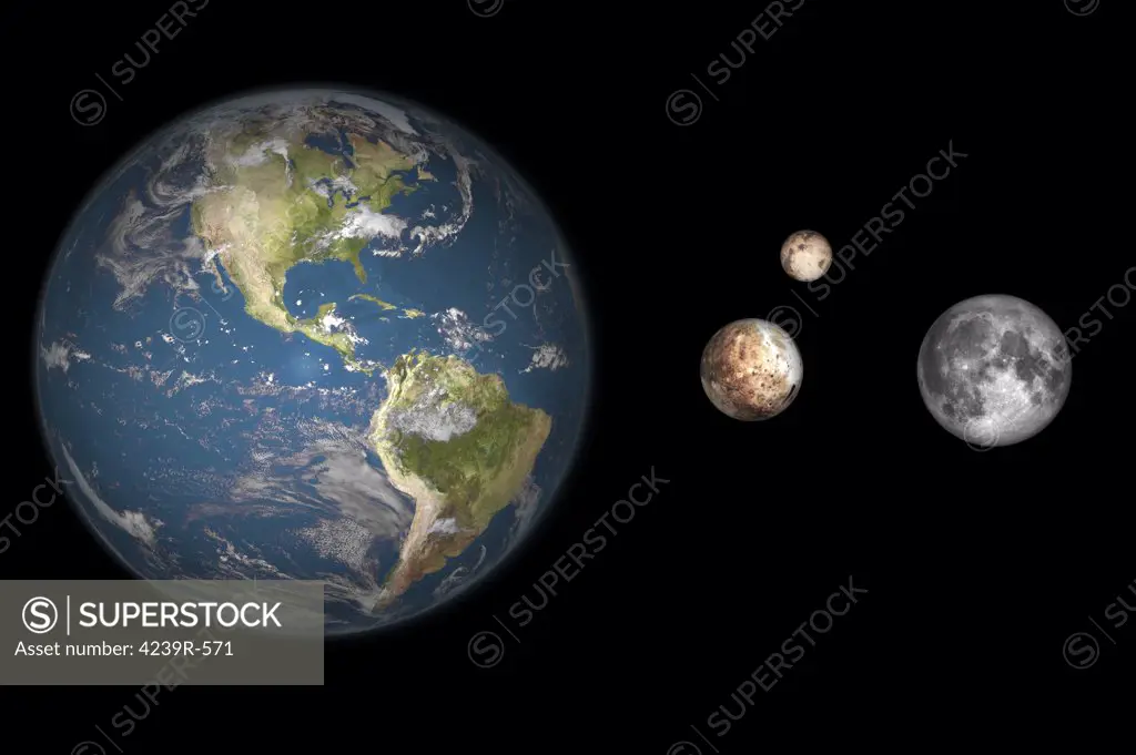 Artist's concept of the Earth, Pluto, Charon, and Earth's moon to scale (from left to right)
