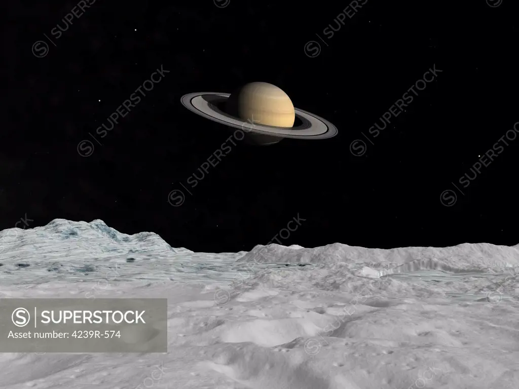 Artist's concept of Saturn as seen from the surface of its moon Iapetus