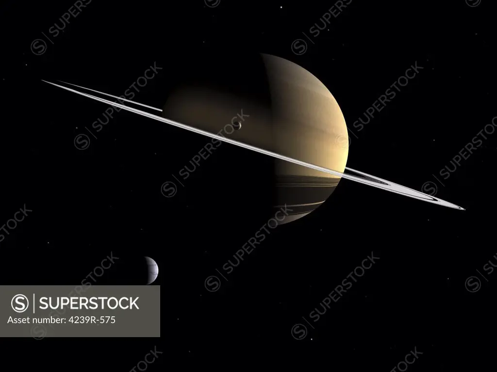 Artist's concept of Saturn and its moons Dione and Tethys
