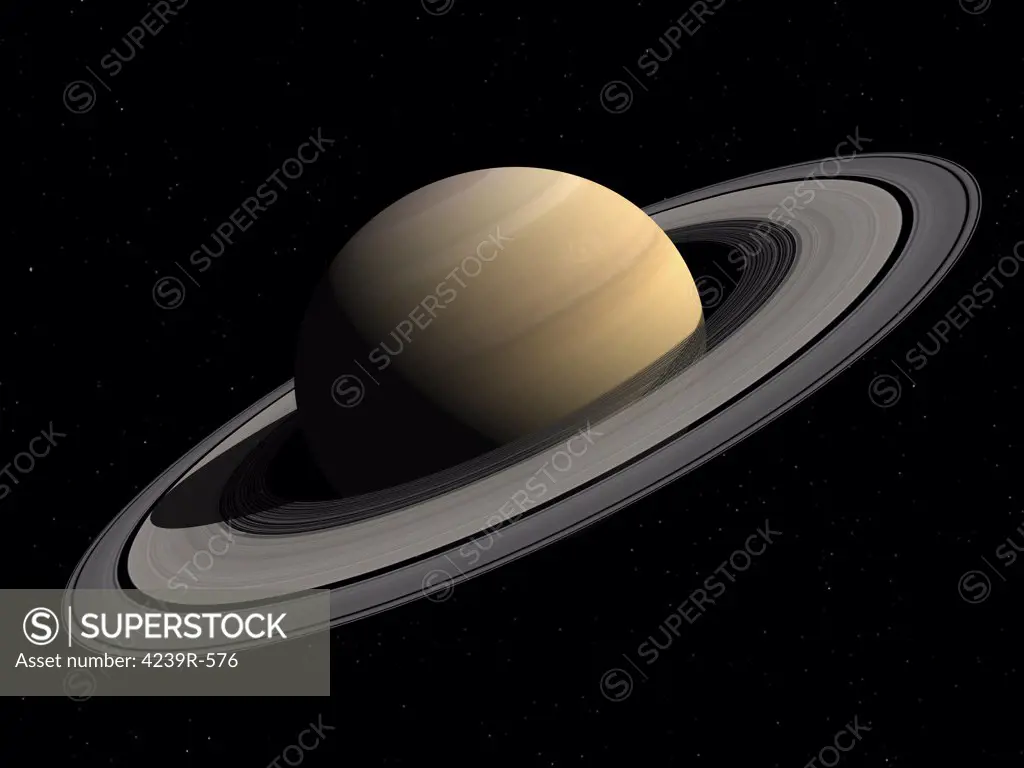 Artist's concept showing how Saturn might look from high above the ring plane and at a right angle to the Sun, a perspective that we could never get from the Earth nor from the Hubble Space Telescope