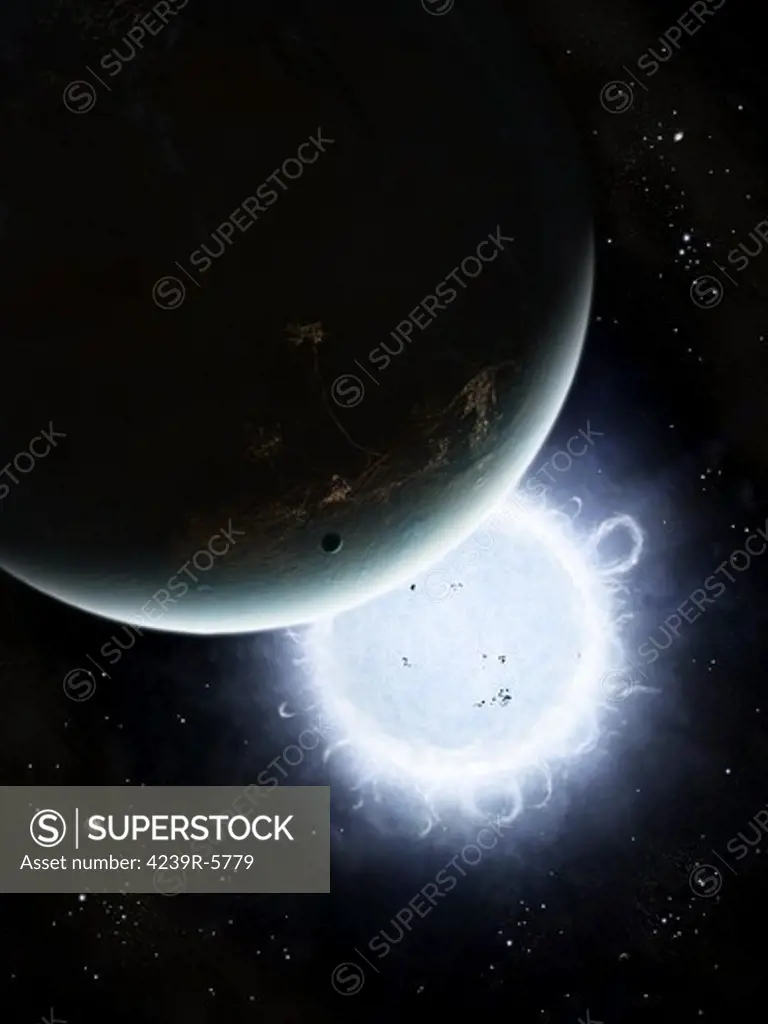 The tiny moon Rakka Ume travels into the shadow of the planet Tenjin.