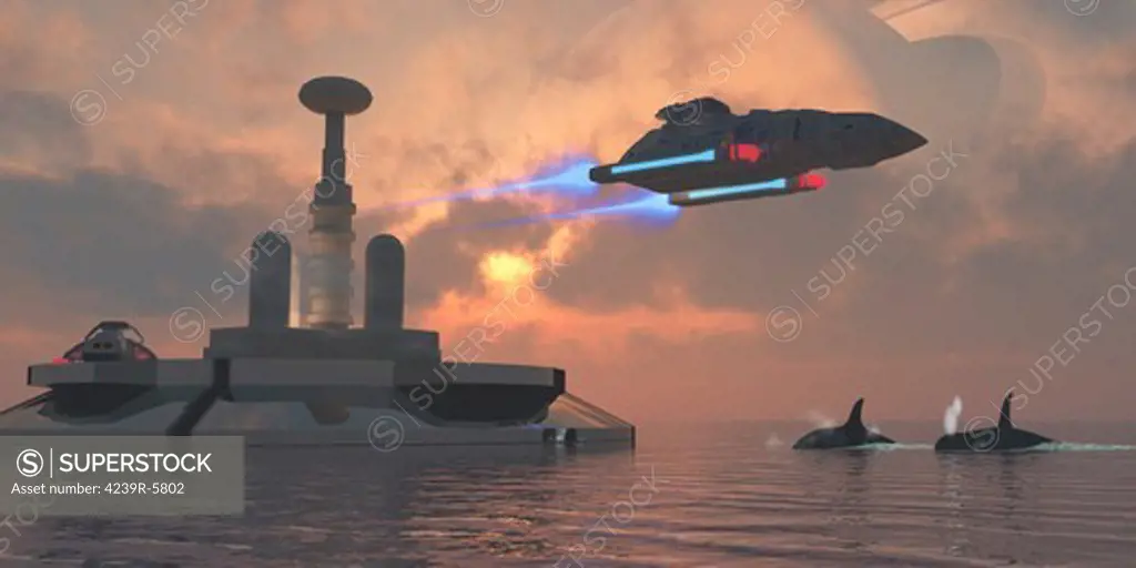 Artist's concept of a futuristic colony on a water planet.