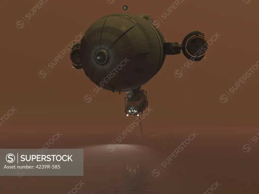 A manned blimp tows a sensor through one of Titan's many bodies of liquid ethane in search of new discoveries