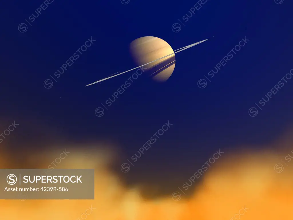 Artist's concept of Saturn amongst the hydrocarbon haze of its moon Titan