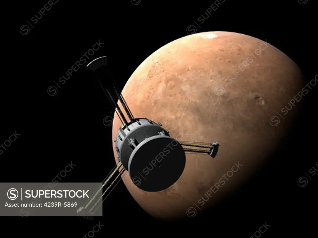 Orion-drive spacecraft approaching Mars.