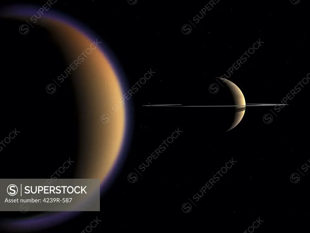 Artist's concept of how Saturn and Titan might look from a position in orbit around Titan