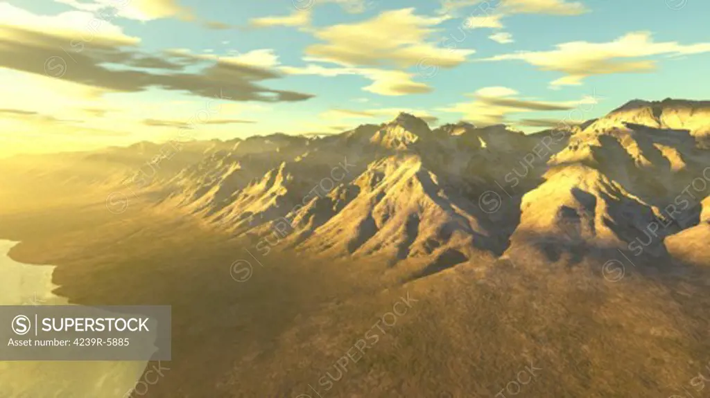 Terragen render of Mt. Whitney, California, at dawn or sunset.