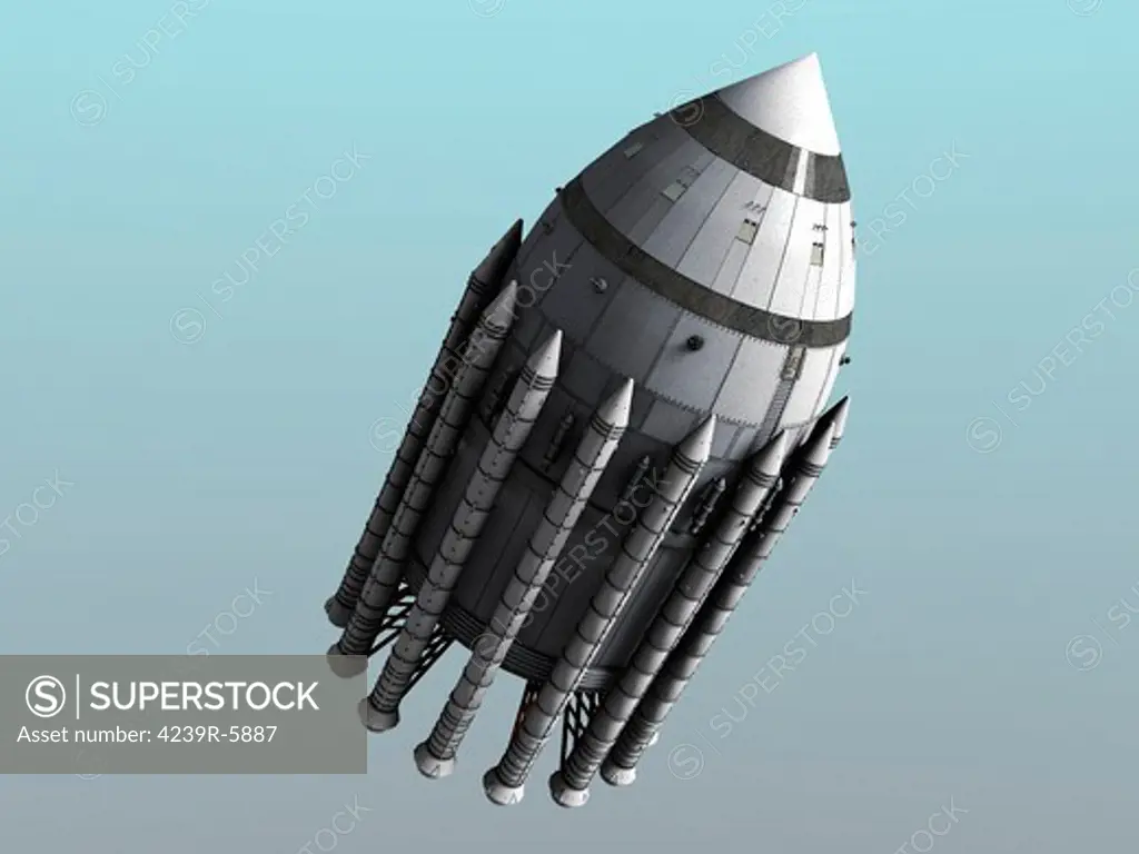 Orion-drive spacecraft with solid-fuel rocket boosters.