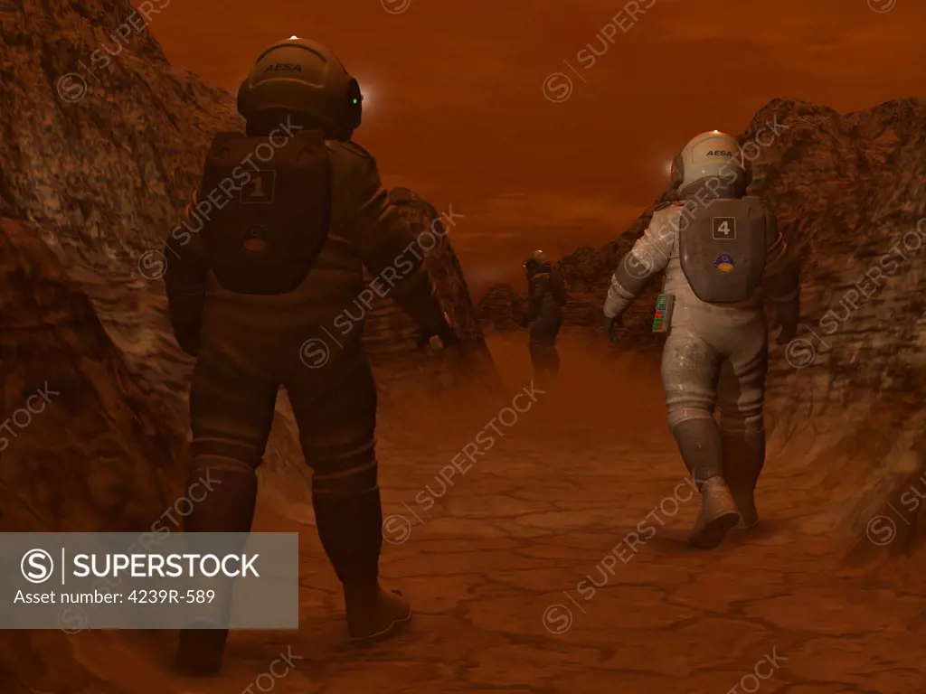Artist's concept of astronauts exploring a dry gully on Saturn's moon Titan