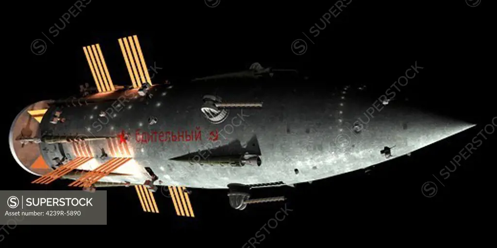 Artist's concept of an Orion-drive battleship; Soviet style.