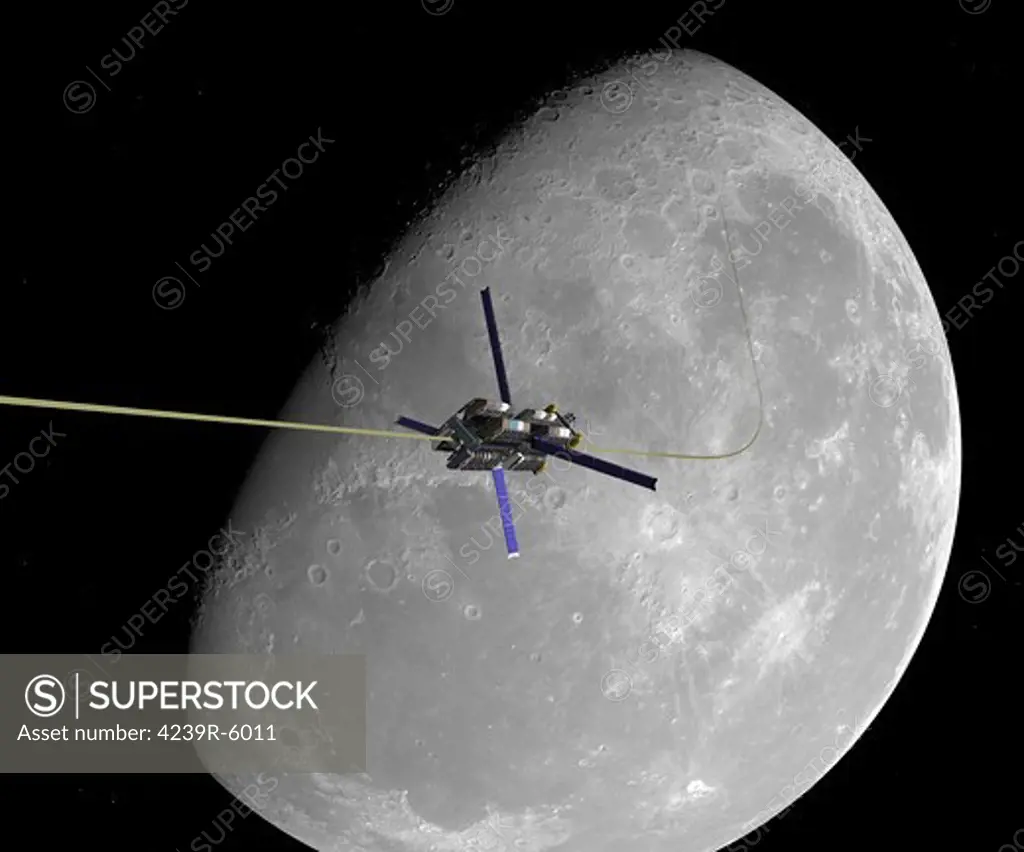 A manned lunar space elevator ascends from the surface of the moon.