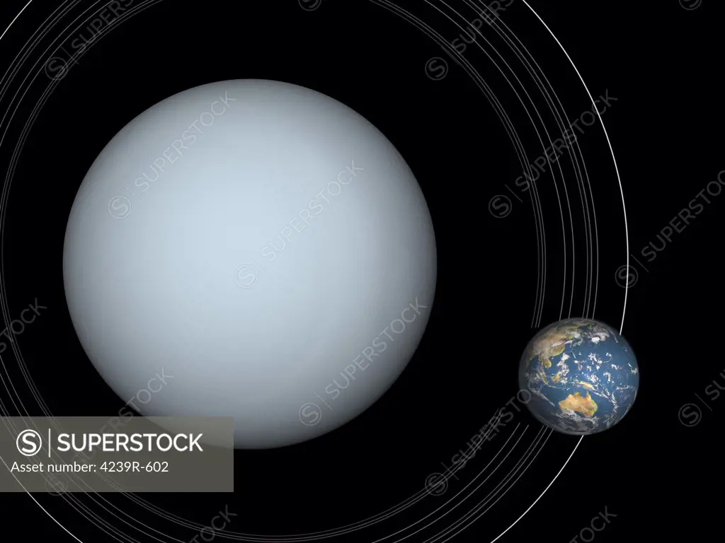 Artist's concept showing Uranus (left) and Earth (right) to scale