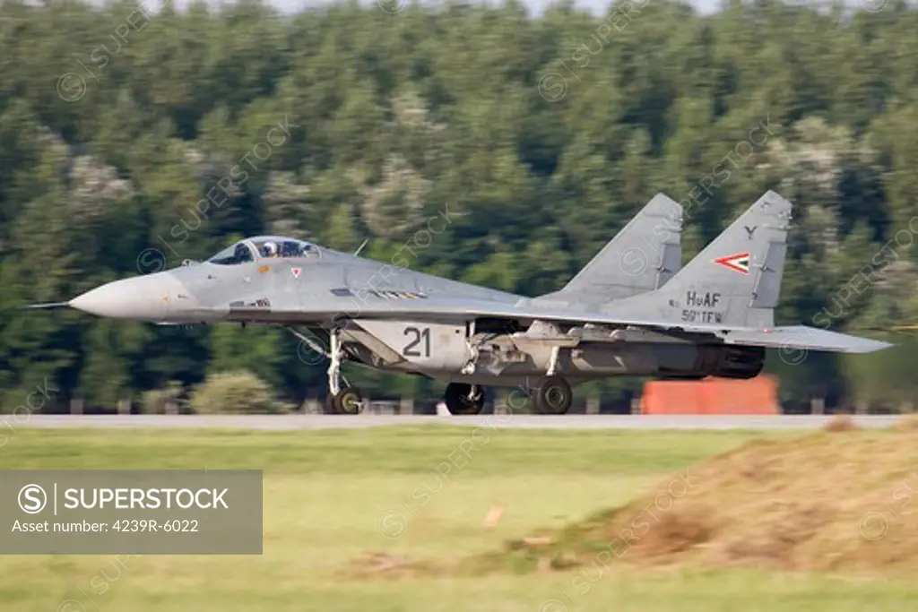 Hungarian Air Force MiG-29A landing on the runway.