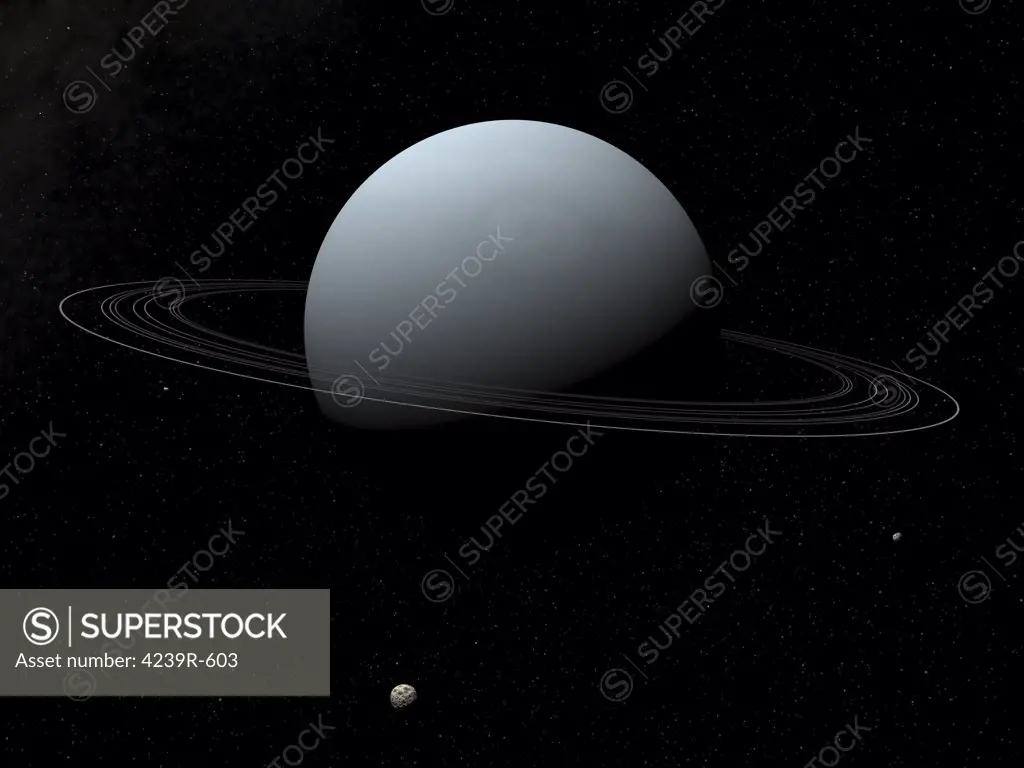Artist's concept of how Uranus and its tiny satellite Puck might look from a position in space about a thousand miles above and beyond Puck itself
