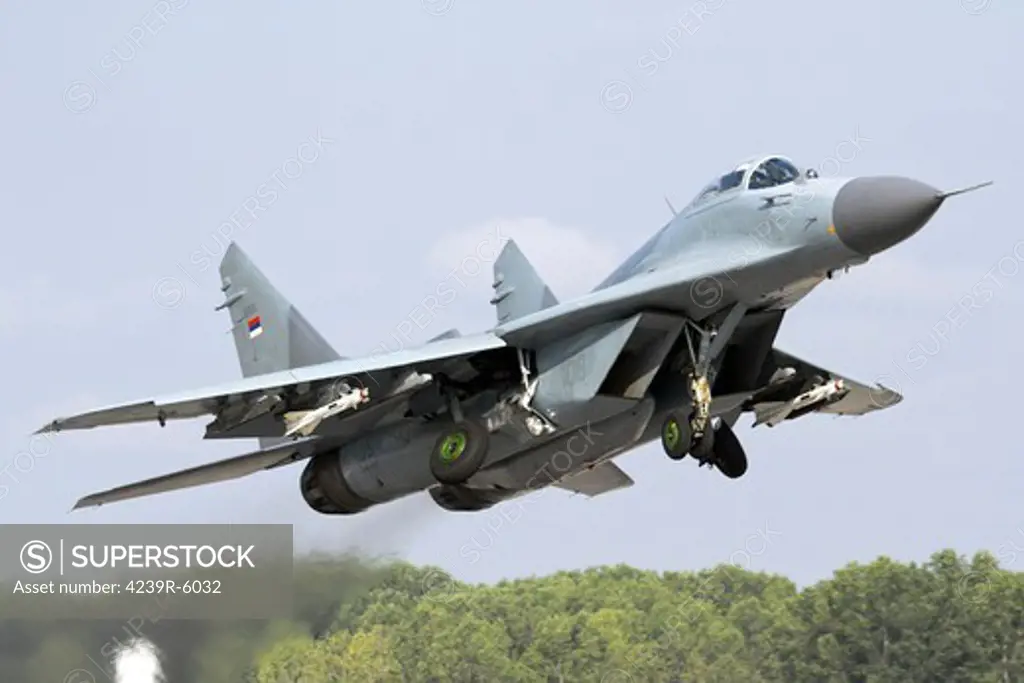 Serbian Air Force MiG-29 departing with two AA-8 Aphid missiles.