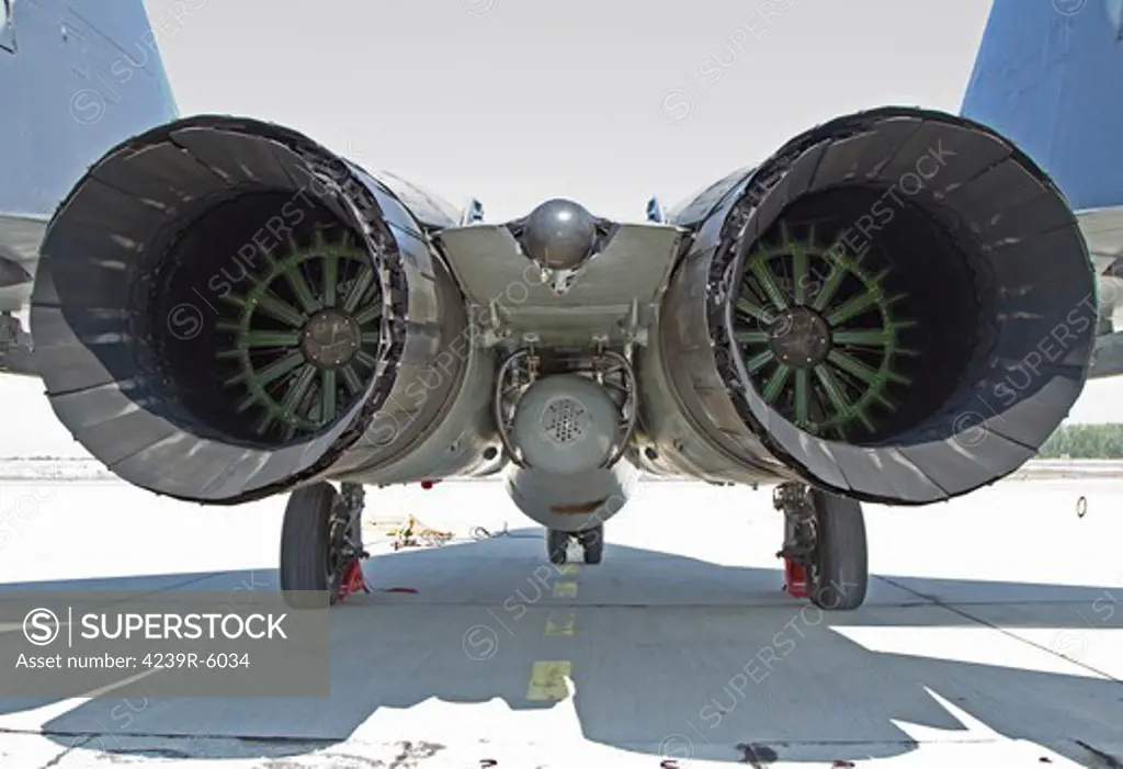 View of the RD-33 engines on a Serbian Air Force MiG-29 jet.