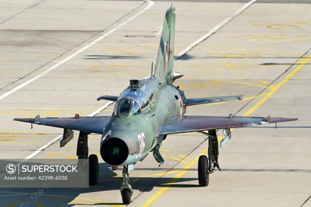 A Bulgarian Air Force MiG-21UM jet fighter taxiing.