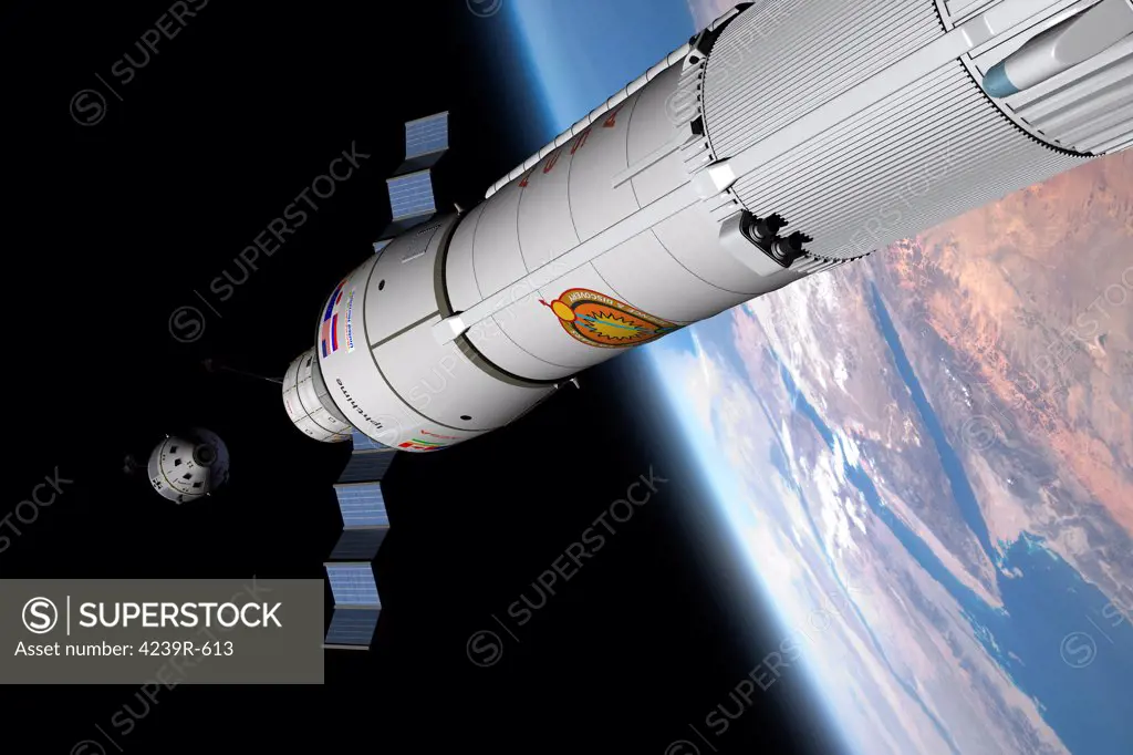 An Orion class command module, lower left, with a crew of three approaches an awaiting rocket already in Earth orbit