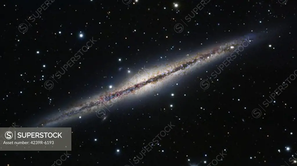 NGC 891, an edge-on spiral galaxy in Andromeda.