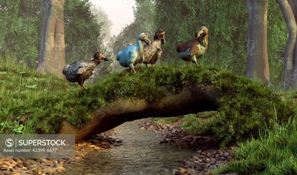 A group of Dodo birds crossing a natural bridge over a stream.