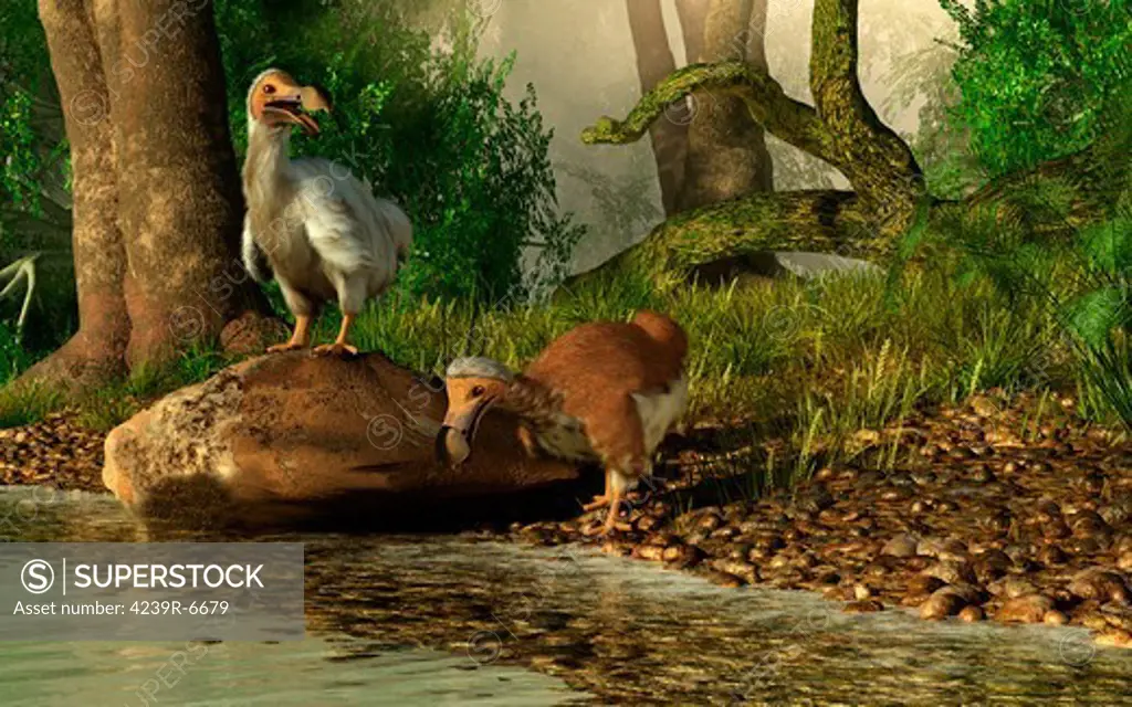 A pair of Dodo birds drinking at a river.