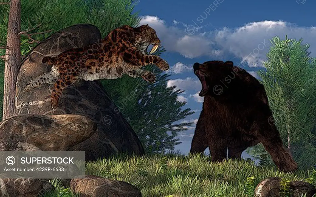 A saber-toothed cat leaps at a grizzly bear on a mountain path.