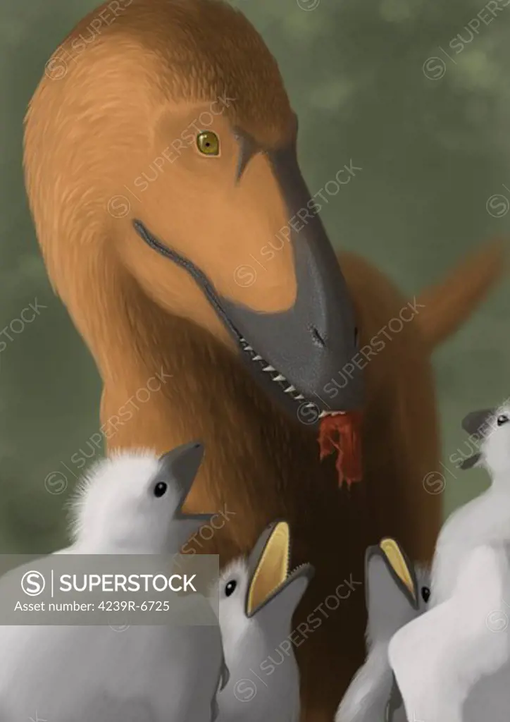 Deinonychus dinosaur feeding its young.